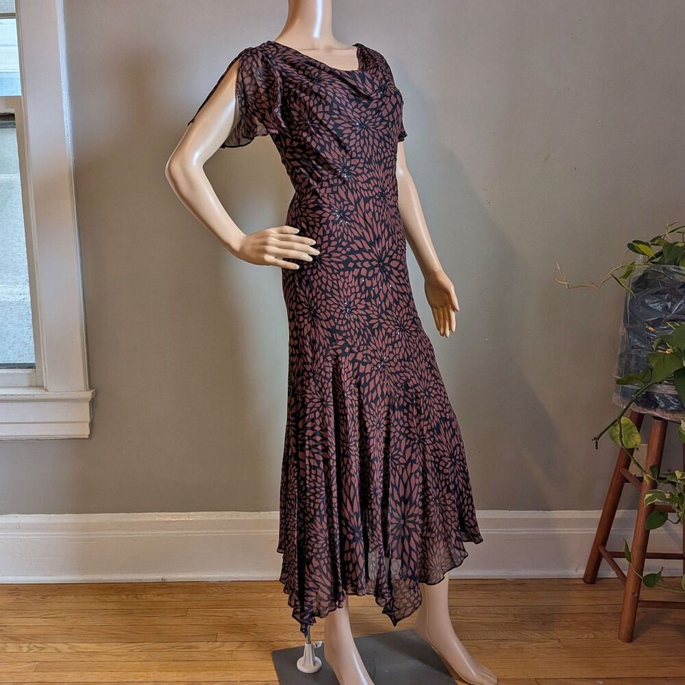 Vintage Y2K Eva Blue Brown Beaded Midi Dress Slinky Earth Fairy Floral Size 6